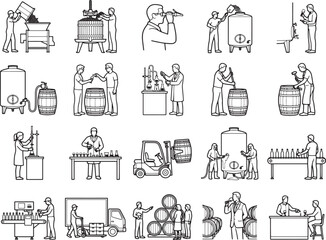 Obraz premium A collage of line art illustrations depicts various stages of the winemaking process, from grape crushing and barrel fermentation to bottling and shipping.
