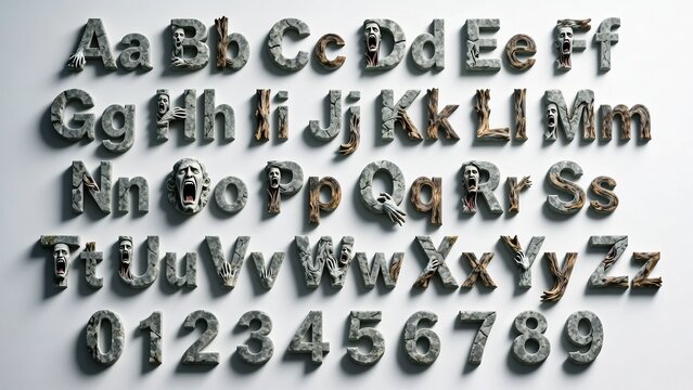 cursed rock alphabet set with macabre faces and reaching hands