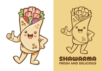 Fototapeta premium Cute cartoon character of a shawarma wrap, smilingly poses with a thumbs-up