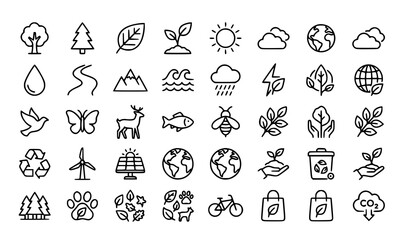 Fototapeta premium Ecosystem Outline Icon Set Vector Collection with Nature and Environmental Symbols