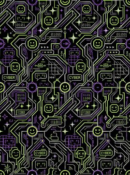 Cyber Circuit Board Pattern &mdash; Neon Smiley Tech Design