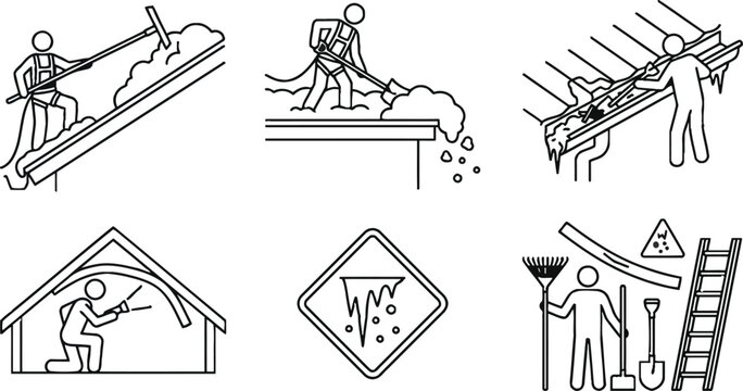 Outline vector icon set for roof and gutter maintenance featuring snow and ice removal home insulation and general property care tasks suitable for safety guides and web elements