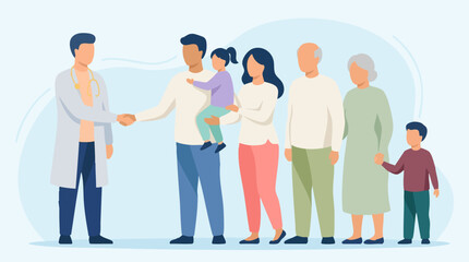 Fototapeta premium Doctor shaking hands with multi-generational family in medical consultation.