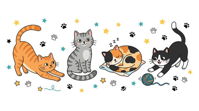 Cute cartoon cats banner set featuring ginger tabby stretching, grey cat sitting, calico sleeping, and tuxedo cat playing with yarn ball