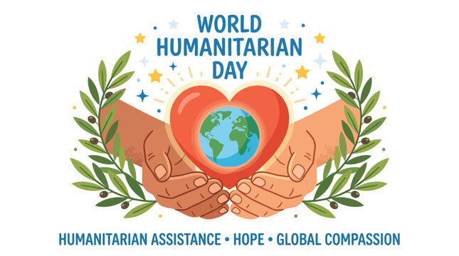 Vector illustration of caring hands holding a red heart with Earth globe and olive leaves for global peace and humanitarian aid concept