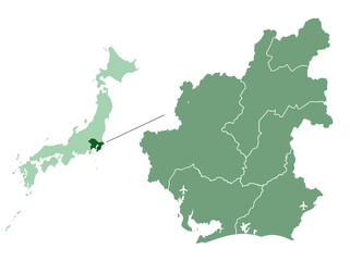 Fototapeta premium Shizuoka Prefecture Map Highlighted on Japan Map with Detailed Municipality Borders