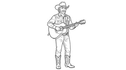 Fototapeta premium Country Music Cowboy Playing Acoustic Guitar Line Art Vector Illustration for Coloring Page, Western Singer Isolated on White Background