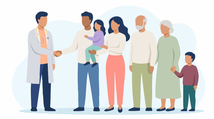 Fototapeta premium Doctor shaking hands with father as multi-generational family stands by, healthcare support.