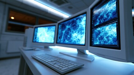 Fototapeta premium AI research workspace with blank monitors displaying abstract anomaly clusters