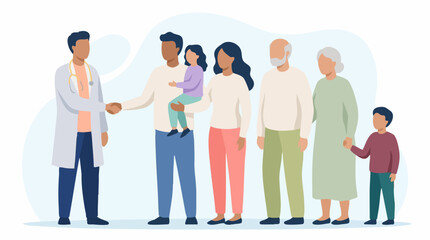 Fototapeta premium Doctor greeting multi-generational family, healthcare consultation illustration
