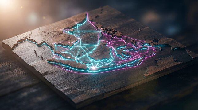Isometric 45-degree view of wooden Southeast Asia map with cyan neon routes