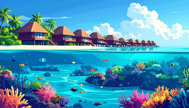 Tropical Overwater Bungalows with Vibrant Coral Reef Scene.