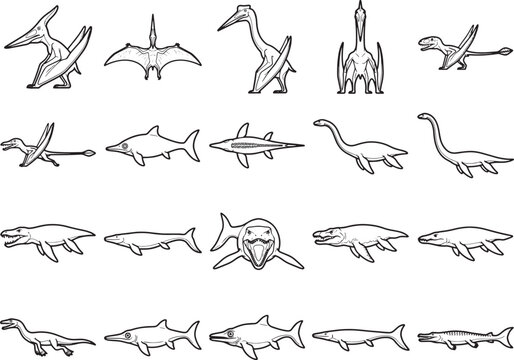 A collection of prehistoric creatures, including pterodactyls, plesiosaurs, and ancient sharks, rendered in a clean, artistic line drawing style, offering a glimpse into the distant past.