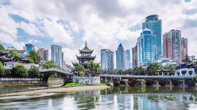 Timelapse of the classical Chinese architecture of Jiaxiu Tower in Guiyang, Guizhou Province, China