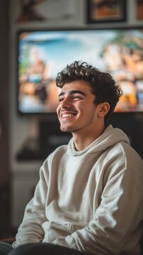 Joyful young man with curly hair and bright smile wearing a cozy white hoodie, enjoying a moment of happiness at home with TV screens in background.