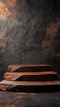 Rustic stone steps against a weathered, textured wall create a dramatic backdrop for product photography or artistic compositions.