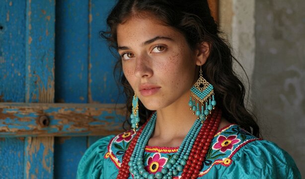 Beautiful Young Woman Traditional Jewelry Blue Wood Background Portrait