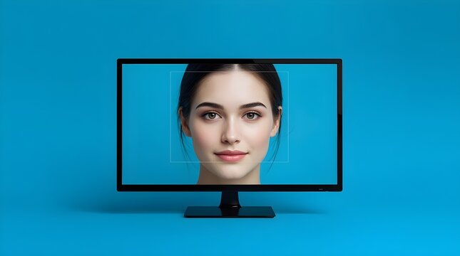 Facial recognition scan on computer monitor with biometric identification security technology scanning verification analysis authentication software detection cybersecurity innovation