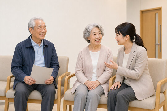 病院の待合室で診察を待つ日本人の高齢夫婦と付き添う娘