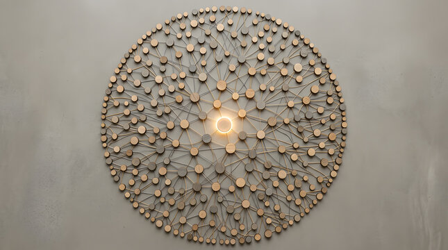abstract wooden network visualization | glowing central node connectivity concept | minimalist wood circle data diagram | global communication network art