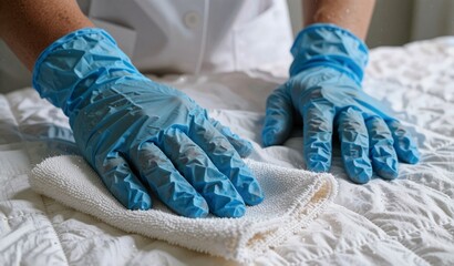 Fototapeta premium Medical Professional Wearing Blue Gloves Treating Patient Bedding Healthcare Care