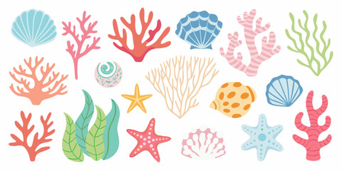 Coral seaweed and seashell vector illustrations on a white background © Milton