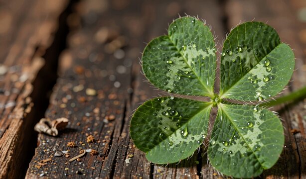 Close-up Four Leaf Clover with Dew Drops on Rustic Wood Background