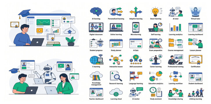 Online Education and E Learning Technology Infographic Icon Set