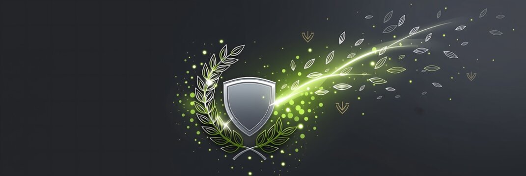 Shield paired with luminous laurel wreath light trail, ancient Greek victory emblem, glowing security badge template for award labels, branding and web interface layouts,Homer epic myth