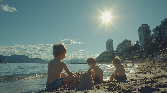 Three boys building sandcastle on sunny beach with city skyline in background.
