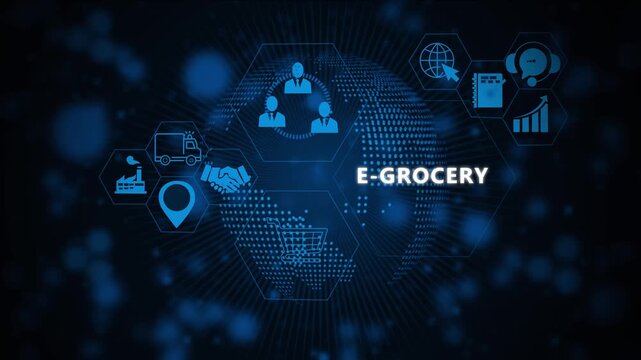 Digital e-grocery business concept animation featuring global network connectivity, online shopping cart supply chain logistics, and corporate data integration in a blue tech interface