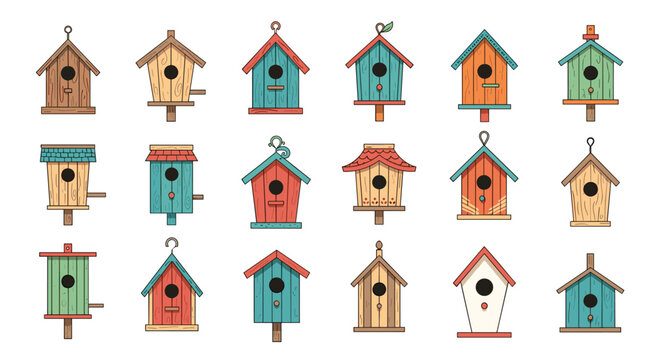 Charming collection of eighteen unique wooden birdhouses in retro styles with colorful painted roofs and natural wood textures.