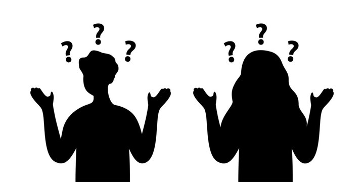 Confused man and woman silhouette.  People with question mark. Problem, challenge, solution, thinking concept. Flat character vector design isolated illustration.
