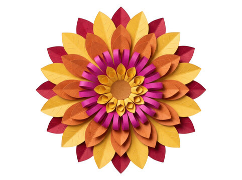 Handmade paper flower craft in autumn colors isolated on transparent background