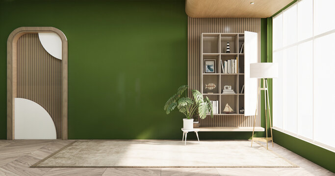Green Mock up Cabinet for smath Tv on living room Built-in wall minimalist,Empty shelf wall on wooden floor .3D rendering