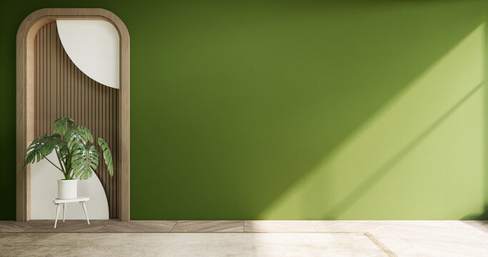 Green Mock up Cabinet for smath Tv on living room Built-in wall minimalist,Empty shelf wall on wooden floor .3D rendering