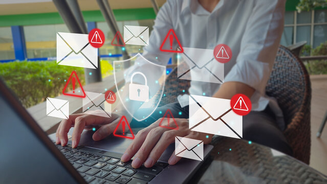 Email security warning with shield and lock overlay