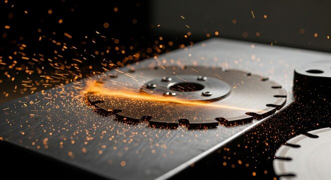 Close-up of a metal cutting disc creating a shower of bright orange sparks while in action