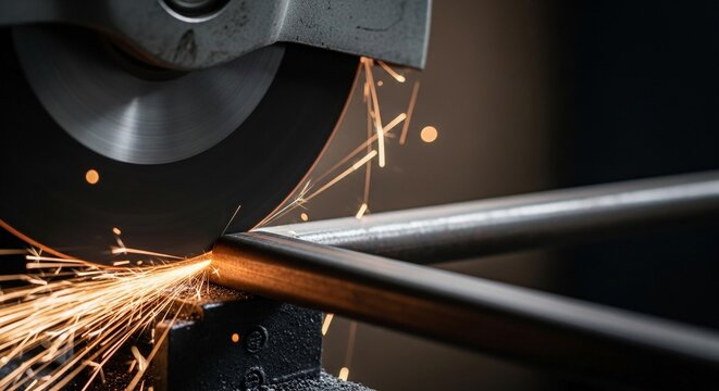 Close-up of a metal saw cutting through steel pipe with intense sparks flying