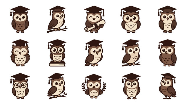 Wise owl graduate character with academic accessories.