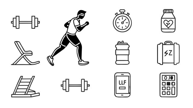 Hand drawn gym and workout icon set featuring marathon runner and sports equipment