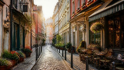Fototapeta premium Charming European Cobblestone Street with Colorful Historic Buildings, Cozy Outdoor Cafés, and Golden Sunset Light