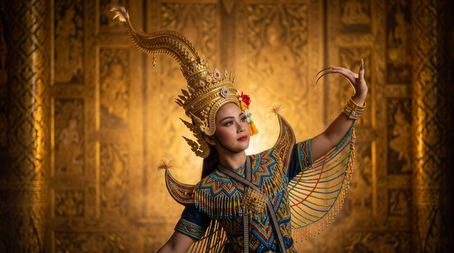 Thai traditional classical dancer in elegant Manora costume posing with intricate headdress and jewelry
