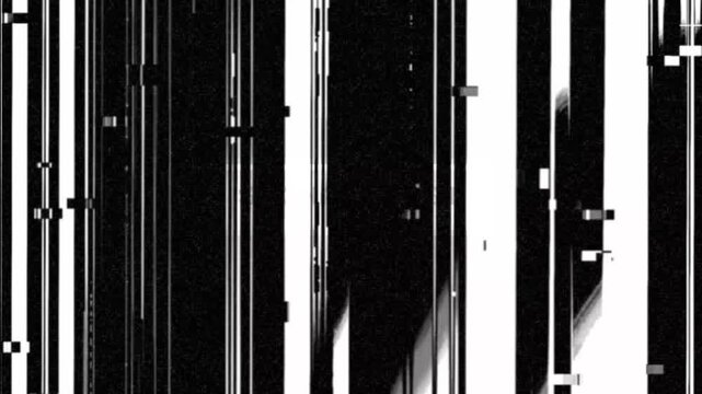 Monochromatic abstract digital background with glitch effects, stark vertical lines, and pixel fragmentation, representing data corruption and technological disruption