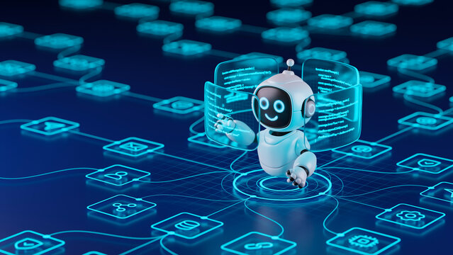 AI agent robot workflow automation orchestrator artificial intelligence data coding icon flow process assistant technology futuristic 3d rendering.