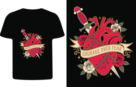 Heart pierced by dagger with roses vector illustration for apparel design