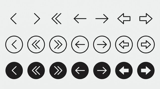 Create a clean and modern vector icon set featuring directional navigation arrows displayed in a structured three-row grid on a light gray background. Include multiple arrow styles such as single chev