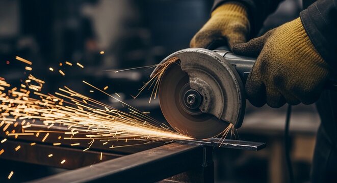 Skilled worker uses a powerful angle grinder to cut metal, creating a dazzling shower of sparks during fabrication.