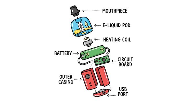 Detailed breakdown of electronic cigarette components with labels featuring mouthpiece, e-liquid pod, heating coil, battery, circuit board, outer casing, and usb port on white background