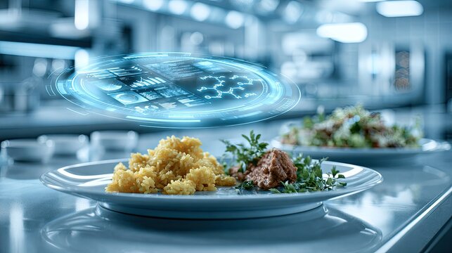 Futuristic meal presentation with holographic molecular display